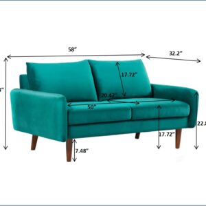 US Pride Furniture Kent Modern Velvet Loveseat Sofa, Comfortable 2 Seater Couch for Living Rooms and Small Spaces, Ideal Studio Apartment Furniture with Sleek Design, Greenish Blue