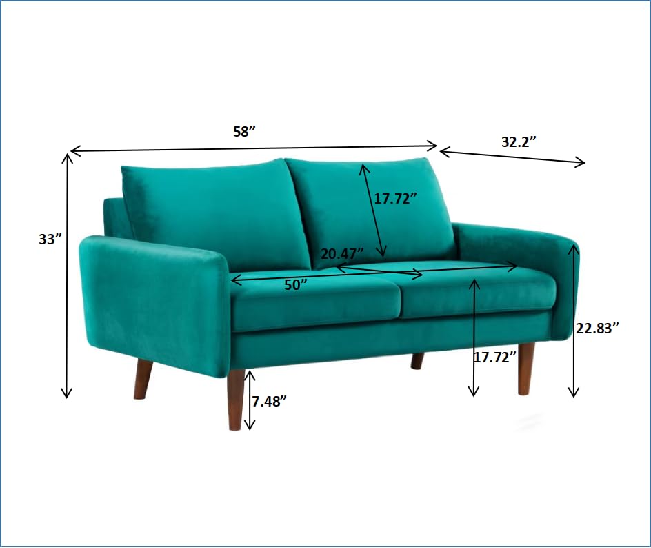 US Pride Furniture Kent Modern Velvet Loveseat Sofa, Comfortable 2 Seater Couch for Living Rooms and Small Spaces, Ideal Studio Apartment Furniture with Sleek Design, Greenish Blue