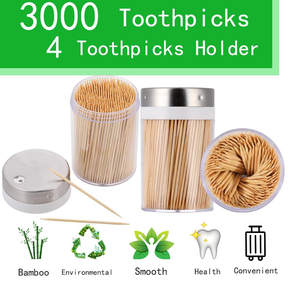 MHREN Toothpick Holder, 3000 Count Bamboo Toothpicks with 4 Reusable Toothpick Dispenser, Sturdy Smooth Health Toothpicks for Party, Bar, Olive, Barbecue, Fruit and Teeth Cleaning