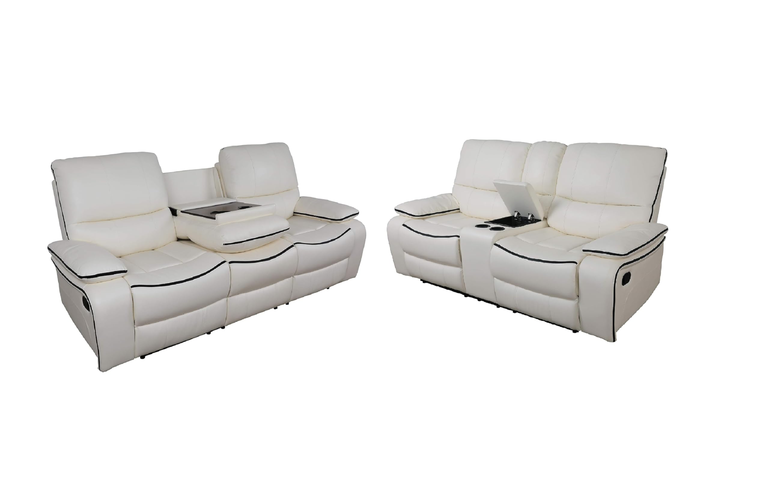 AYCP Manual Reclining Living Room Furniture,Bonded Leather Sofa w/Drop-Down Console, Loveseat w/Storage Console for Living Room/House/Bedroom/Office/Apartment (Ivory White, Sofa+Loveseat)