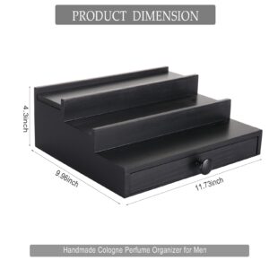 Black Wooden Cologne Organizer for Men - 3 Tier Wooden Perfume Display Stand with Drawer and Hidden Compartment for Organizing and Storing, Cologne Holder Shelf for Dresser