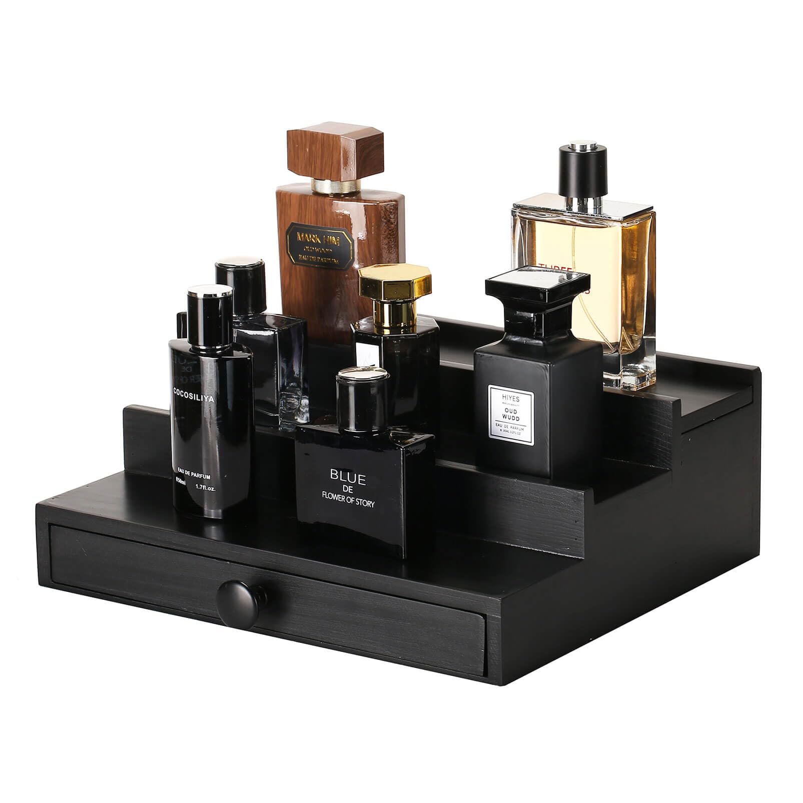 Black Wooden Cologne Organizer for Men - 3 Tier Wooden Perfume Display Stand with Drawer and Hidden Compartment for Organizing and Storing, Cologne Holder Shelf for Dresser