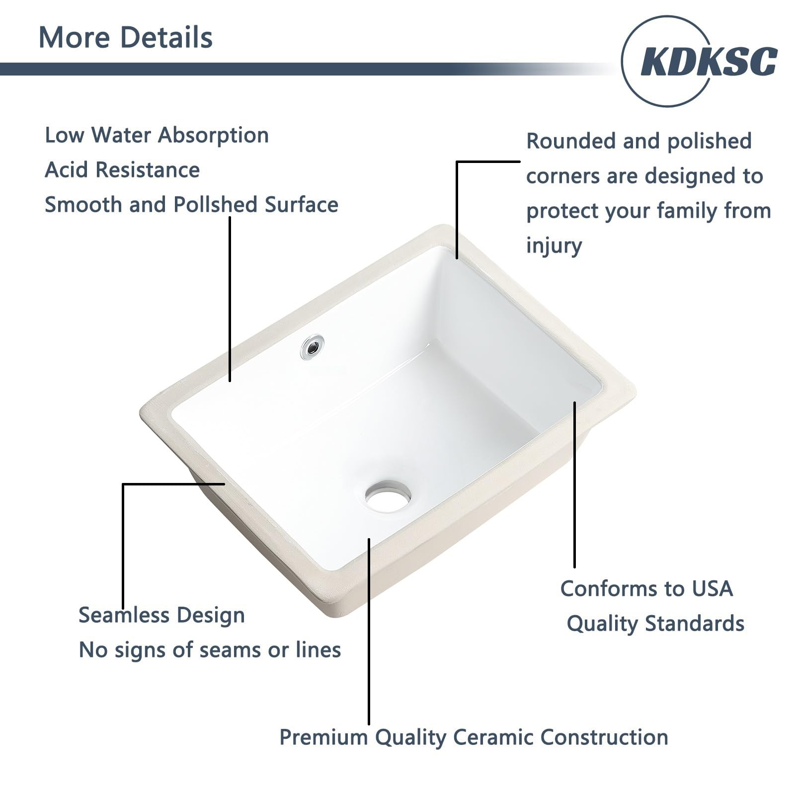 Small Undermount Bathroom Sink 16 Inch White Rectangular Porcelain Ceramic Vanity Basin with Overflow (15.70"x11.69") KDKSC