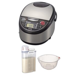 tiger stainless steel/black rice cooker - microcomputer controlled 10-cup rice cooker and warmer with fuzzy logic technology bundle with rice container bin and washing bowl (3 items)