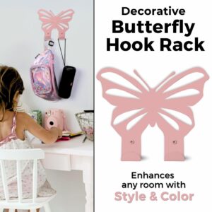 ARTiLETTO Butterfly Wall Hooks:Girl’s Bedroom Double-Hook Coat Rack Mount for Hanging Coats, Clothing, Backpacks, Purses, Jewelry, Towels, Girls Room Décor, Cute, 2 Metal Hangers, Pink