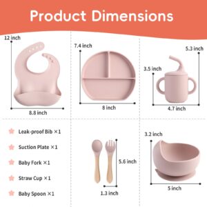 Silicone Baby Feeding Set, Baby Led Weaning Supplies, Suction Cup Separator Bowl, Two Spoons, Sippy Cup, Bib, Baby Tableware, Weaning Supplies For Babies 6+ Months(pink)