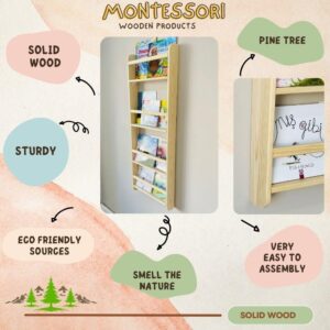 Handmade Solidwood Wall Mounted Montessori Kids Bookshelf, 4 Tier Book Display for Children Bedroom, Nursery Furniture Bookcase, Solid Wood Pine Tree Book Organiser for Living Room (Natural)