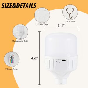 Rechargeable LED Bulbs Set of Two with Remote, 12 RGB Colors & 3 Light Modes, Dimmable Battery Operated Bulbs, 5200mAh, 10 Brightness Levels, Timer Function, f2 Pack for Bedroom, Living Room,