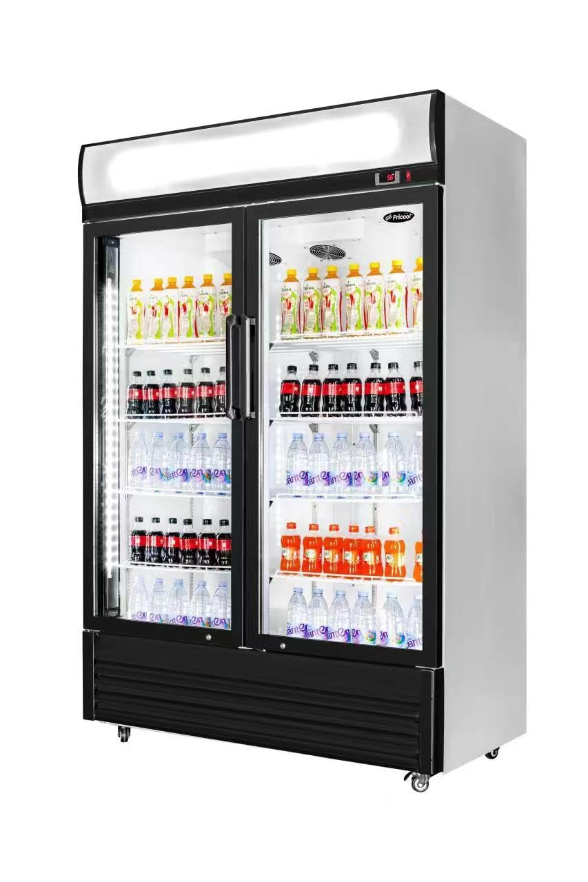 FRICOOL 51" Commercial Glass 2 Door Display Refrigerator Merchandiser - Upright Beverage Cooler With Led Lighting