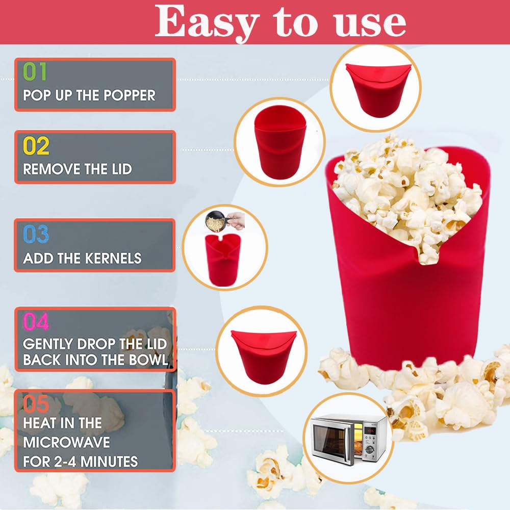 Fglmctsh The Original Microwave Popcorn Popper, Silicone Popcorn Maker Collapsible Bowl BPA -Free, Hot Air Popcorn Maker, No Oil Required (Red, 1)