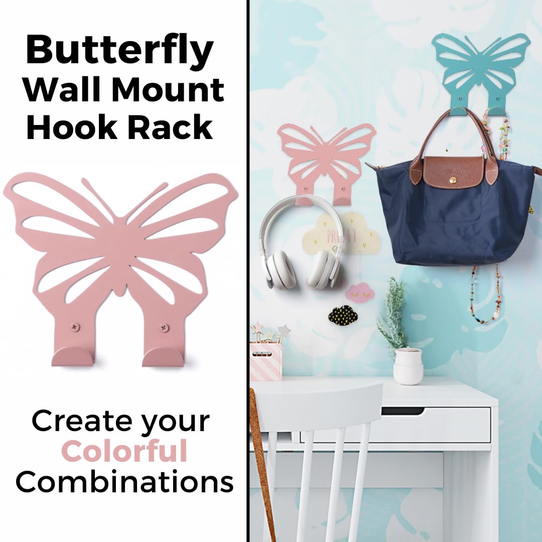 ARTiLETTO Butterfly Wall Hooks:Girl’s Bedroom Double-Hook Coat Rack Mount for Hanging Coats, Clothing, Backpacks, Purses, Jewelry, Towels, Girls Room Décor, Cute, 2 Metal Hangers, Pink