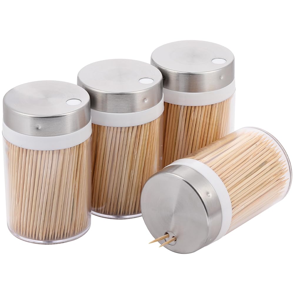 MHREN Toothpick Holder, 3000 Count Bamboo Toothpicks with 4 Reusable Toothpick Dispenser, Sturdy Smooth Health Toothpicks for Party, Bar, Olive, Barbecue, Fruit and Teeth Cleaning