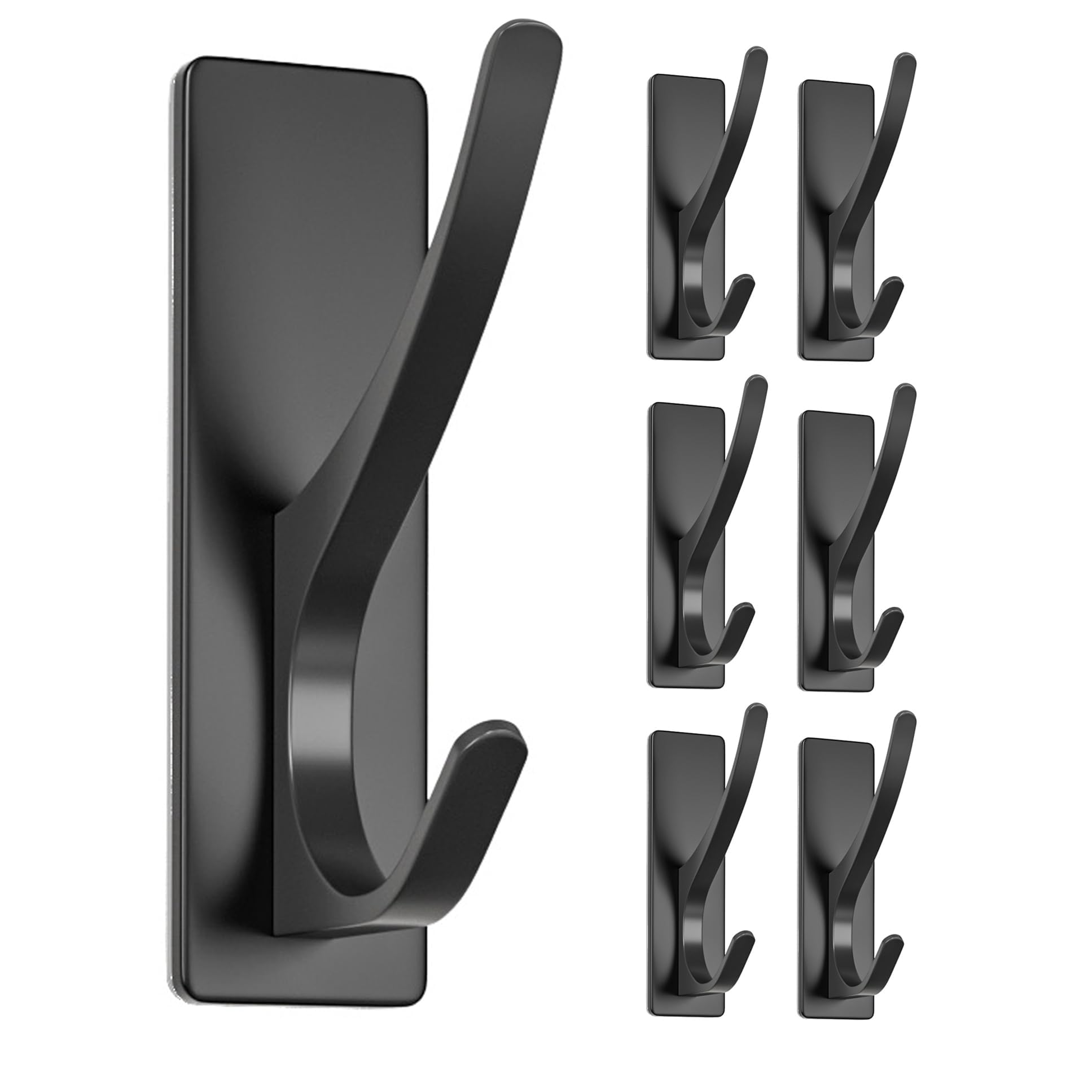 Self Adhesive Coat Hooks for Hanging, Heavy Duty Stainless Double Wall Hook for Towel, Backpack, Hat, Sturdy Metal Hanger for Bathroom, Bedroom, Door, Wall Mounted, 6 Pack, Matt Black