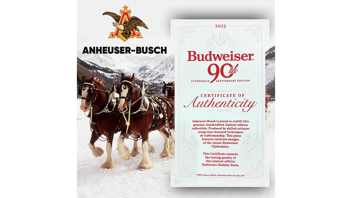 Budweiser 2023 90th Anniversary Limited Edition Clydesdale Holiday Collectors Stein #44 - Ceramic Beer Mug Christmas Gift