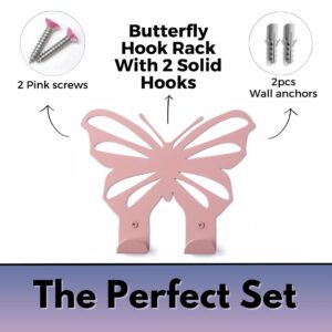 ARTiLETTO Butterfly Wall Hooks:Girl’s Bedroom Double-Hook Coat Rack Mount for Hanging Coats, Clothing, Backpacks, Purses, Jewelry, Towels, Girls Room Décor, Cute, 2 Metal Hangers, Pink