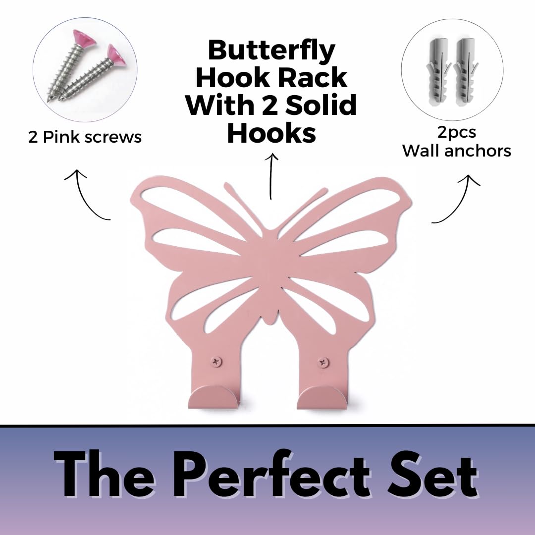 ARTiLETTO Butterfly Wall Hooks:Girl’s Bedroom Double-Hook Coat Rack Mount for Hanging Coats, Clothing, Backpacks, Purses, Jewelry, Towels, Girls Room Décor, Cute, 2 Metal Hangers, Pink