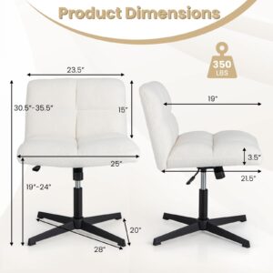 Giantex Criss Cross Chair, Faux Fur Armless Cross Legged Office Desk Chair No Wheels, Height Adjustable Computer Swivel Task Chair, Modern Wide Seat Boucle Vanity Chair for Home Office, White