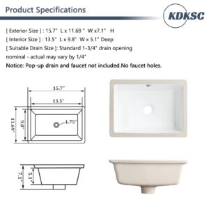 Small Undermount Bathroom Sink 16 Inch White Rectangular Porcelain Ceramic Vanity Basin with Overflow (15.70"x11.69") KDKSC