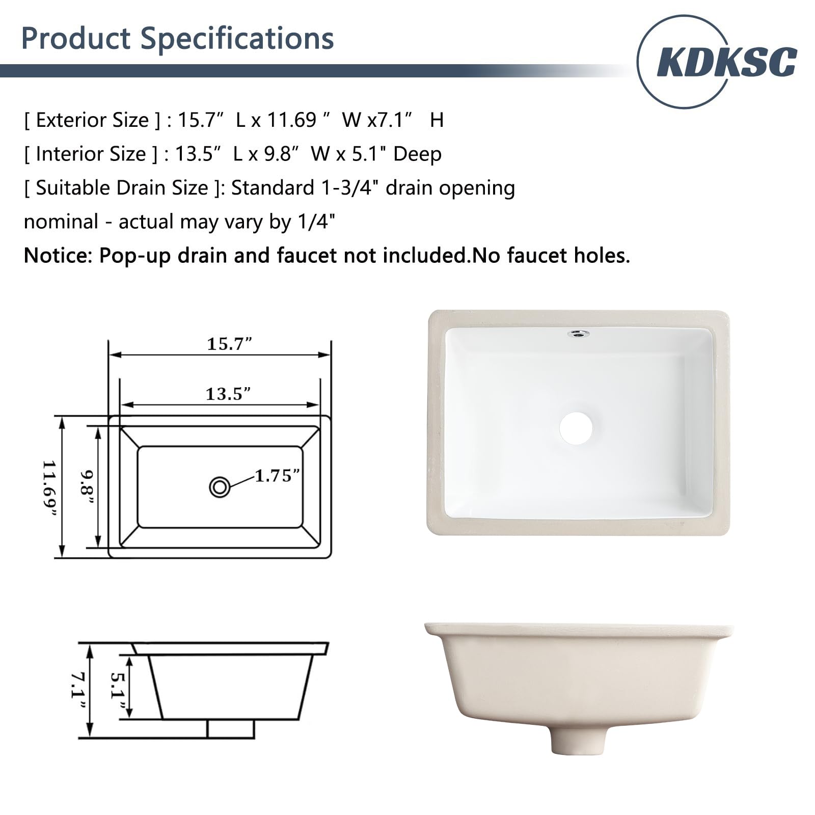 Small Undermount Bathroom Sink 16 Inch White Rectangular Porcelain Ceramic Vanity Basin with Overflow (15.70"x11.69") KDKSC