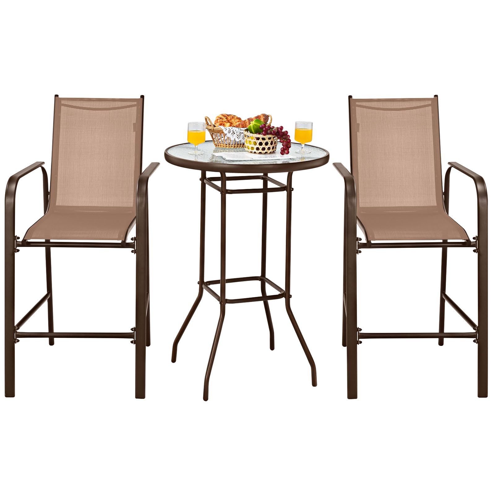 Tangkula 3 Pieces Outdoor Patio Bar Set, Outdoor Bistro Set with 2 Bar Stools and 1 Tempered Glass Bar Table, Bar Height Patio Table and Stools Set for Backyard, Garden, Lawn (Coffee)