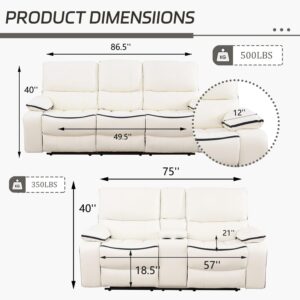 AYCP Manual Reclining Living Room Furniture,Bonded Leather Sofa w/Drop-Down Console, Loveseat w/Storage Console for Living Room/House/Bedroom/Office/Apartment (Ivory White, Sofa+Loveseat)