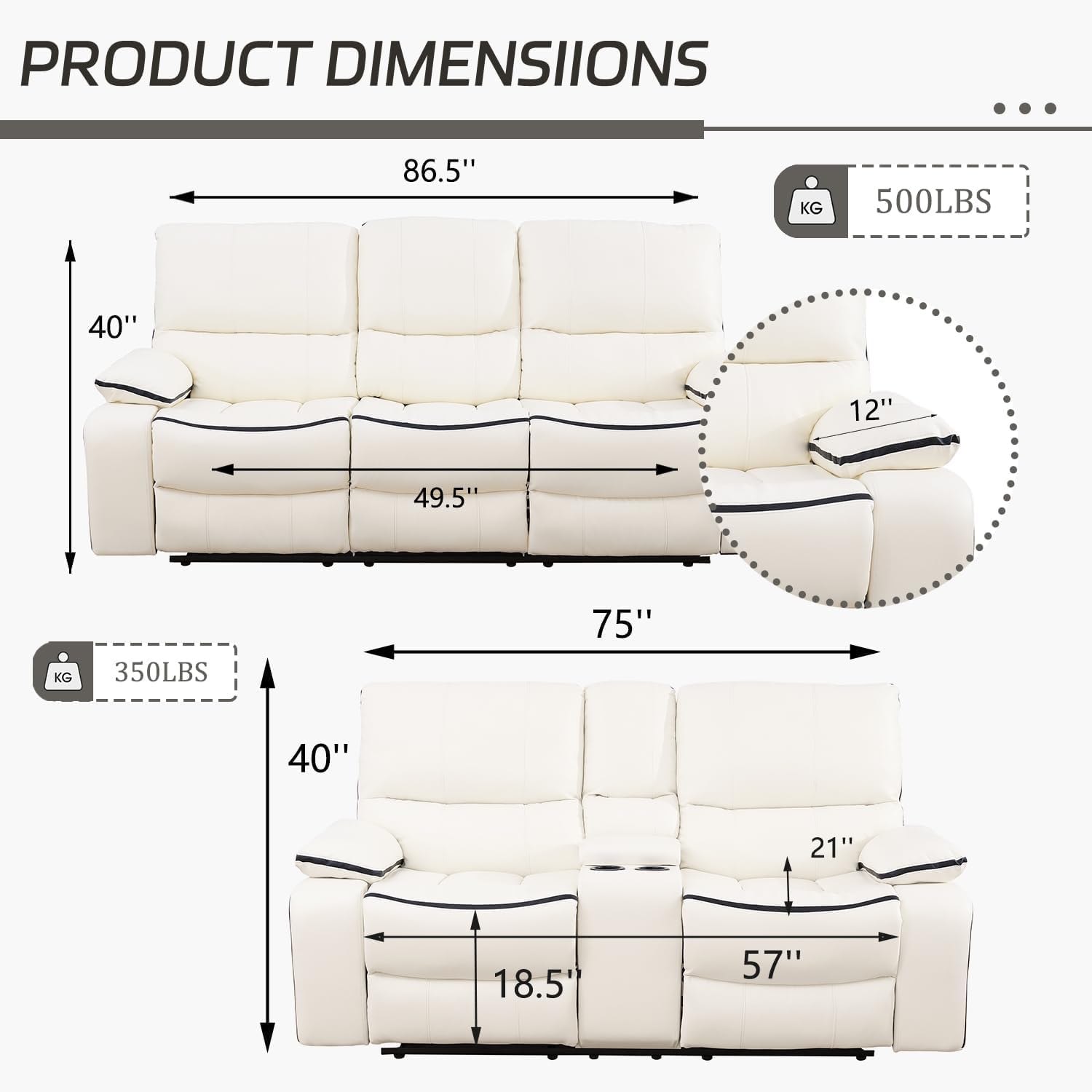 AYCP Manual Reclining Living Room Furniture,Bonded Leather Sofa w/Drop-Down Console, Loveseat w/Storage Console for Living Room/House/Bedroom/Office/Apartment (Ivory White, Sofa+Loveseat)