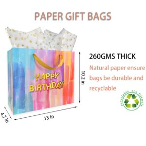 AMROSE 13'' Large Birthday Gift Bags with Card and Tissue Paper, Recyclable Paper Gift Bag for Birthdays and More, Macaron