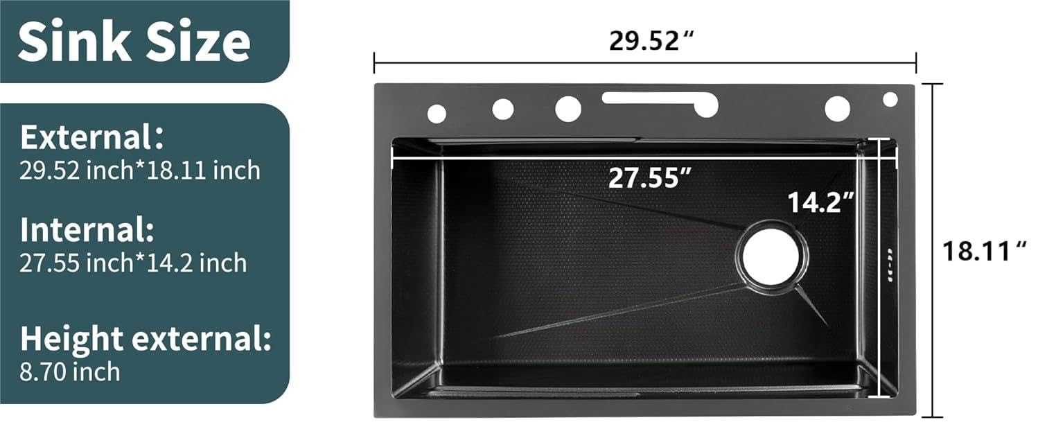 Digital Display Embossed Stainless Steel Nano Black Raindance Waterfall Drop In Sink with Pressurized Cup Washer and Two Waterfalls 29.5x18 INCH