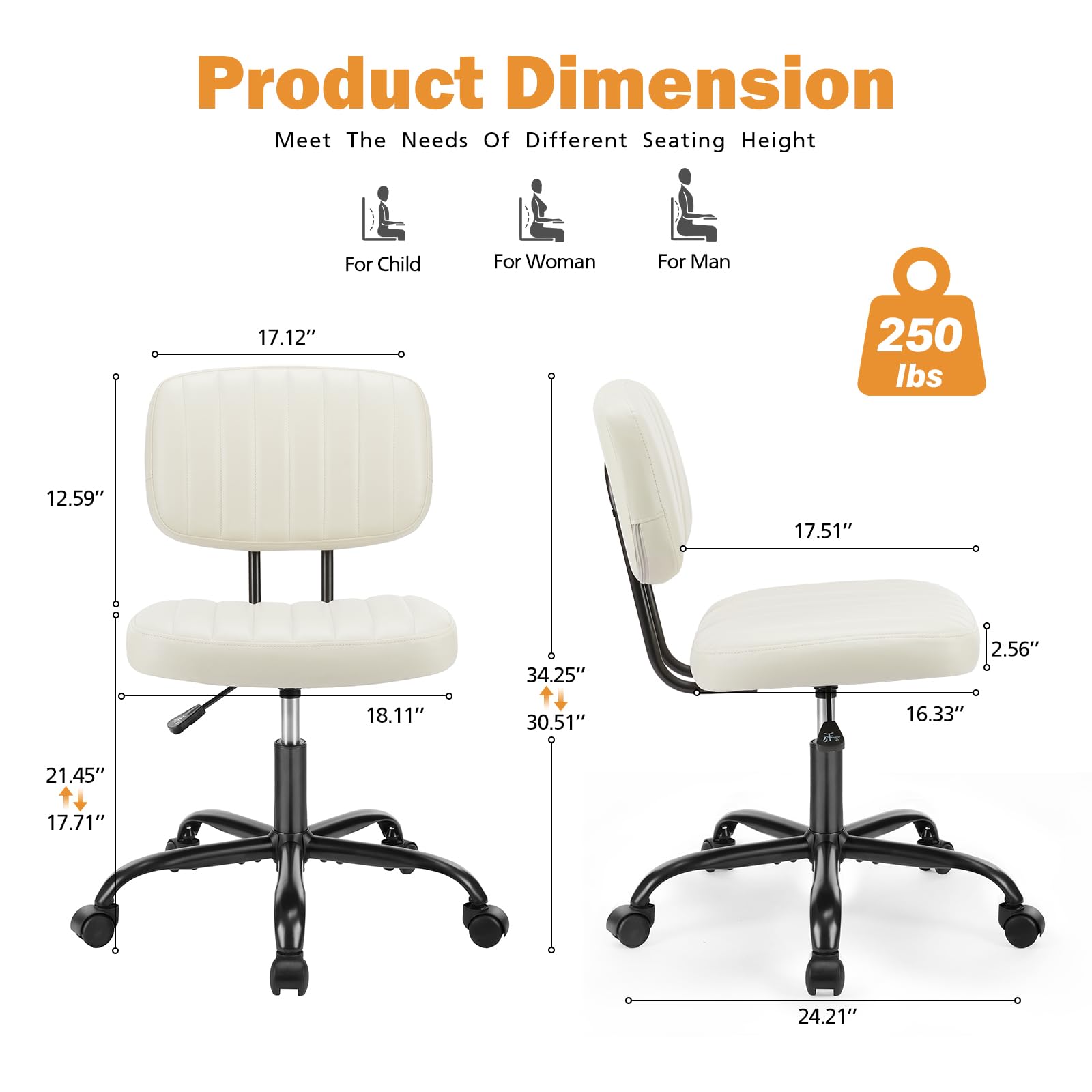 Sweetcrispy Small Office Computer Desk Chair with Wheels and Lumbar Support, Comfy Cute Armlees PU Leather Vanity Rolling Swuvel Task Chair No Arm for Adult, Student