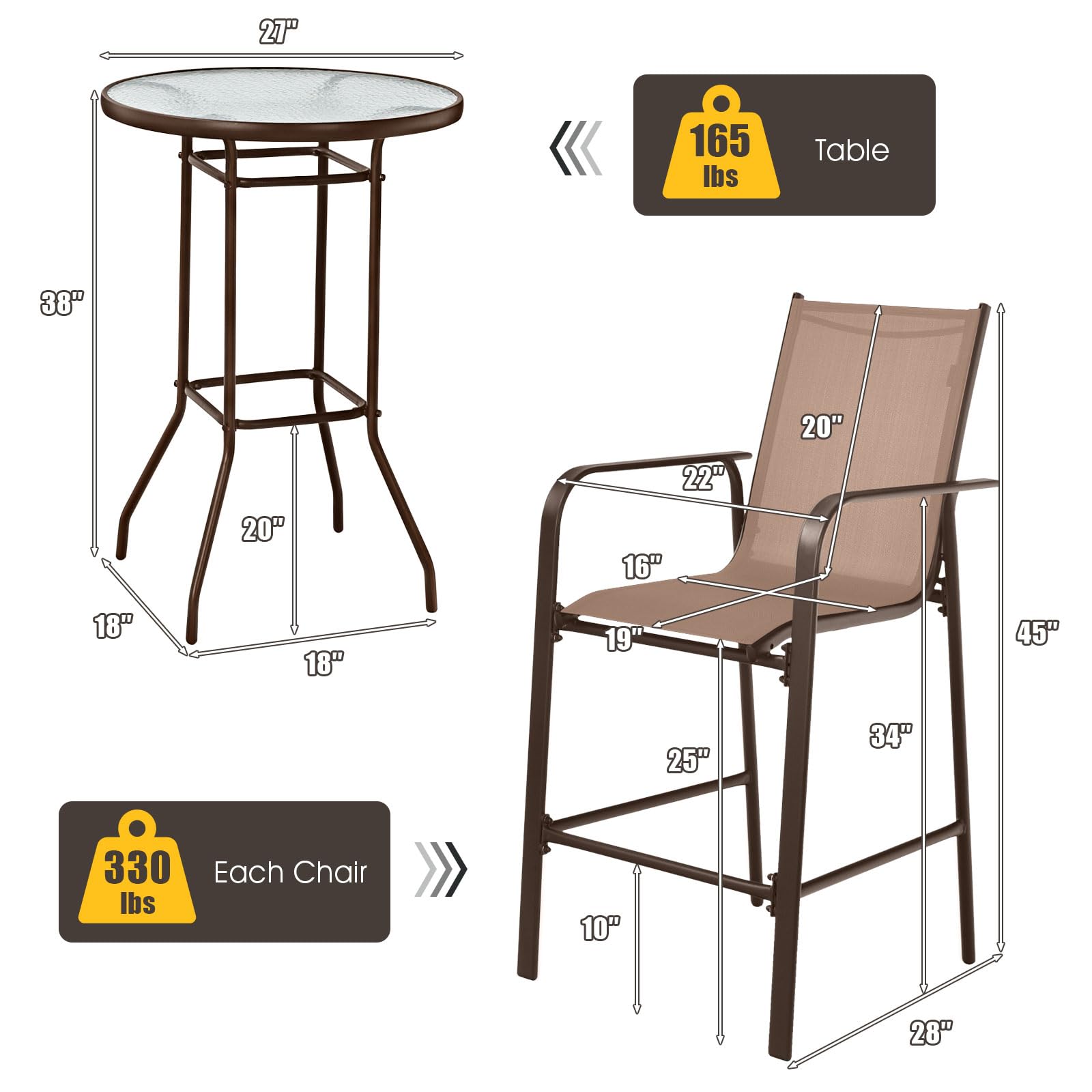 Tangkula 3 Pieces Outdoor Patio Bar Set, Outdoor Bistro Set with 2 Bar Stools and 1 Tempered Glass Bar Table, Bar Height Patio Table and Stools Set for Backyard, Garden, Lawn (Coffee)