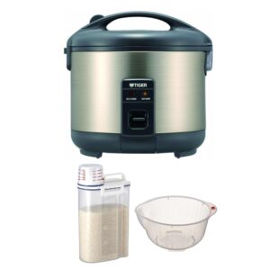 tiger rice cooker - premium stainless steel 8-cup rice cooker with fuzzy logic technology - fast cooking and easy cleanup - (urban satin) bundle with rice container bin and washing bowl (3 items)