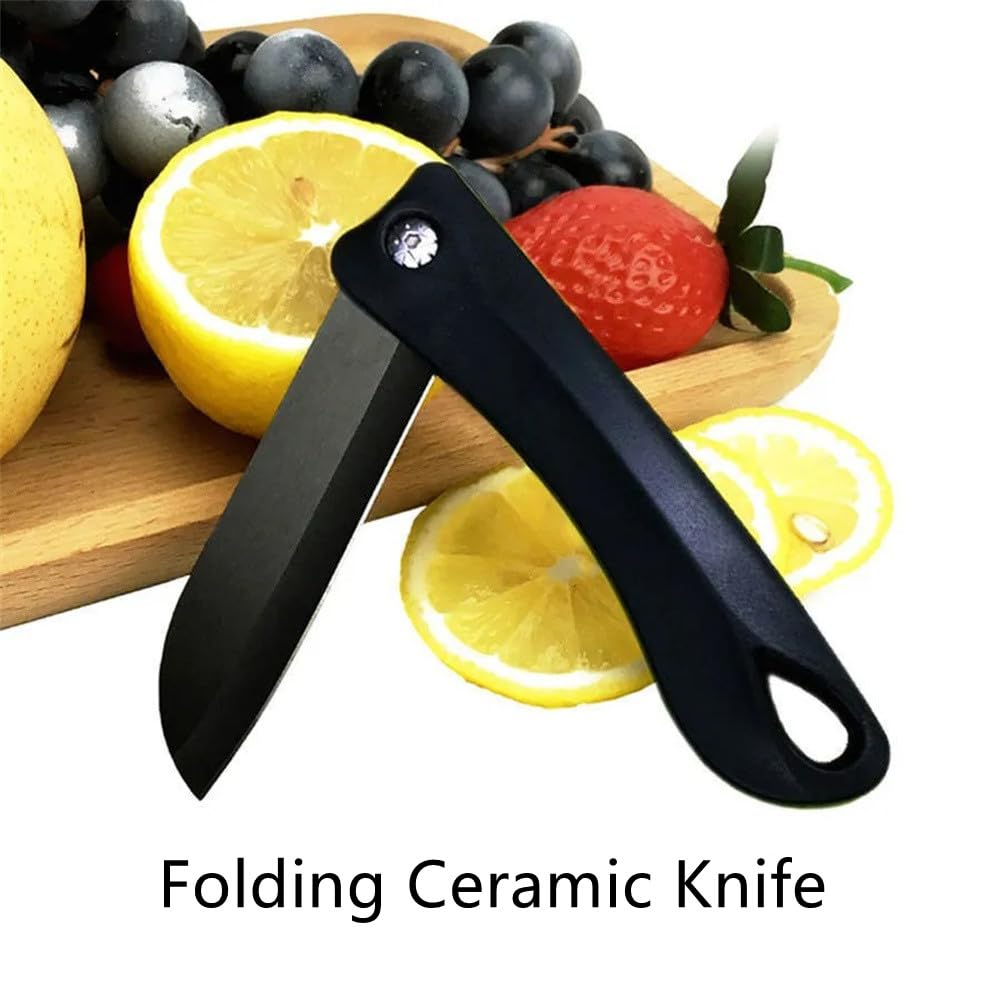 10MOONS Ceramic Folding Knife 7.6-inch Black Pocket Knife Razor-Sharp Paring Kitchen Knife with Ergonomic Handle