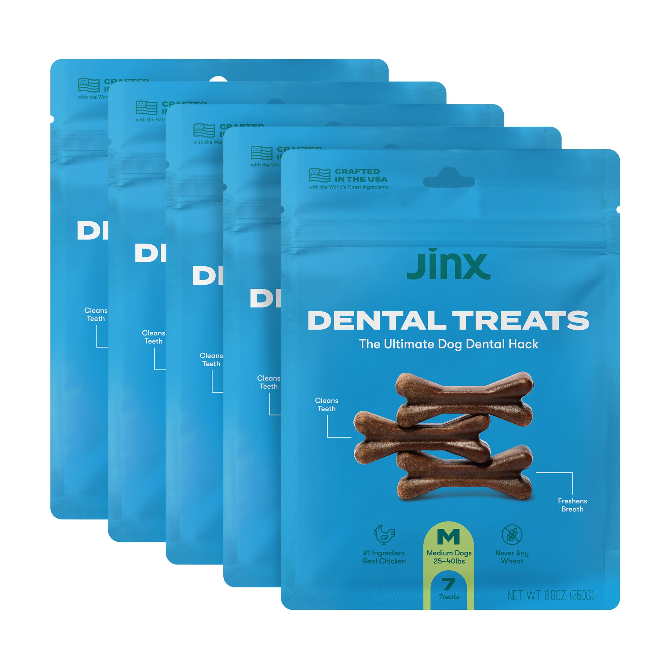 Jinx Dental Chews for Medium Dogs, All Natural, Deep-grooved for Teeth Cleaning & Tartar Control, Peppermint Oil for Fresh Breath, 8.8oz, 5 Pack