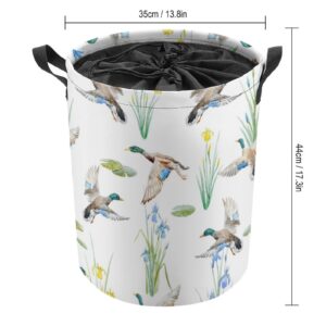 Flying Mallard Ducks Yellow and Blue Iris Lotus with Leaves on White Drawstring Collapsible Canvas Storage Basket, with Handles Foldable Storage Bin, Durable for Laundry Toys Clothes Bedroom Office