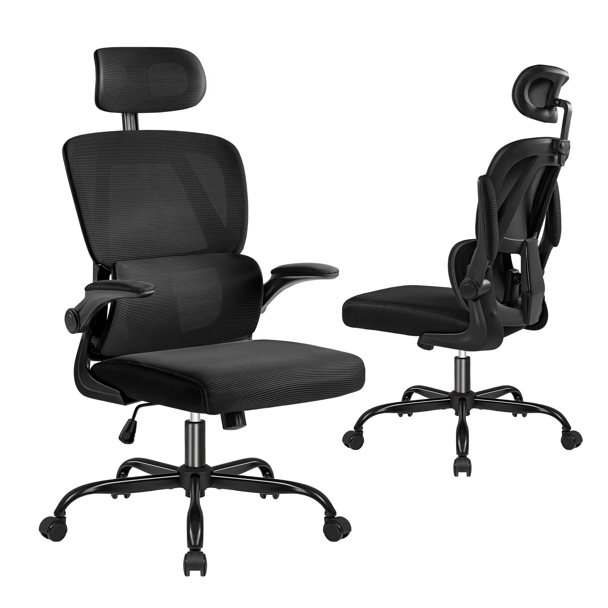 JUMMICO Ergonomic Office Chair, High Back Desk Chair with Adjustable Headrest and Flip-Up Arms, Mesh Computer Chair with Lumbar Support, Gaming Chair, Swivel Task Chair for Home Office, Black