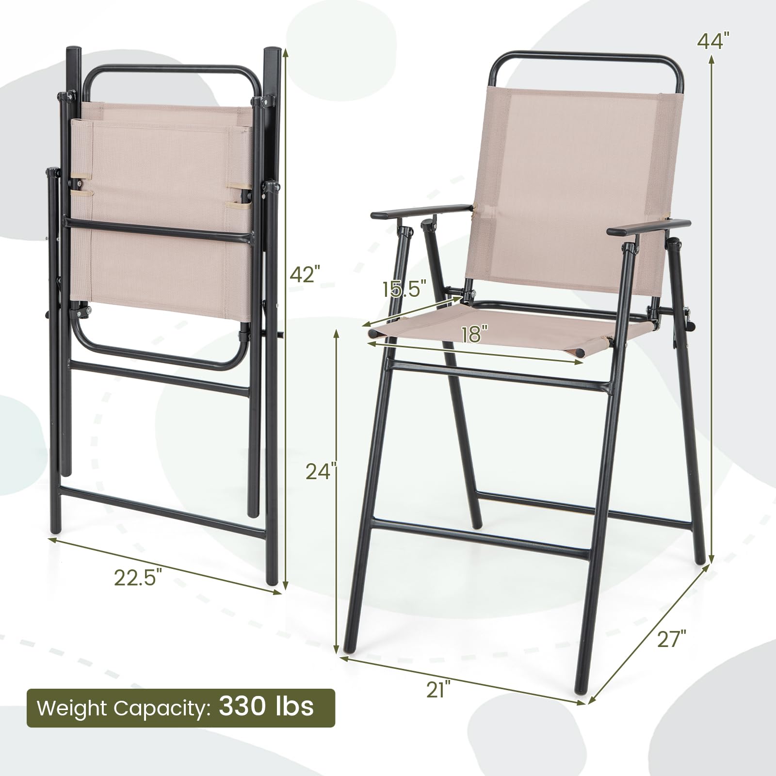 Giantex Outdoor Folding Bar Chair Set of 2, Bar-Height Patio Chairs with Backrest, Armrests, Footrest, Metal Frame, Patio Furniture Chair Set for Backyard Poolside Balcony, 330 LBS Capacity (1)