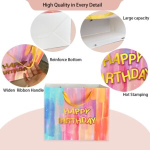 AMROSE 13'' Large Birthday Gift Bags with Card and Tissue Paper, Recyclable Paper Gift Bag for Birthdays and More, Macaron