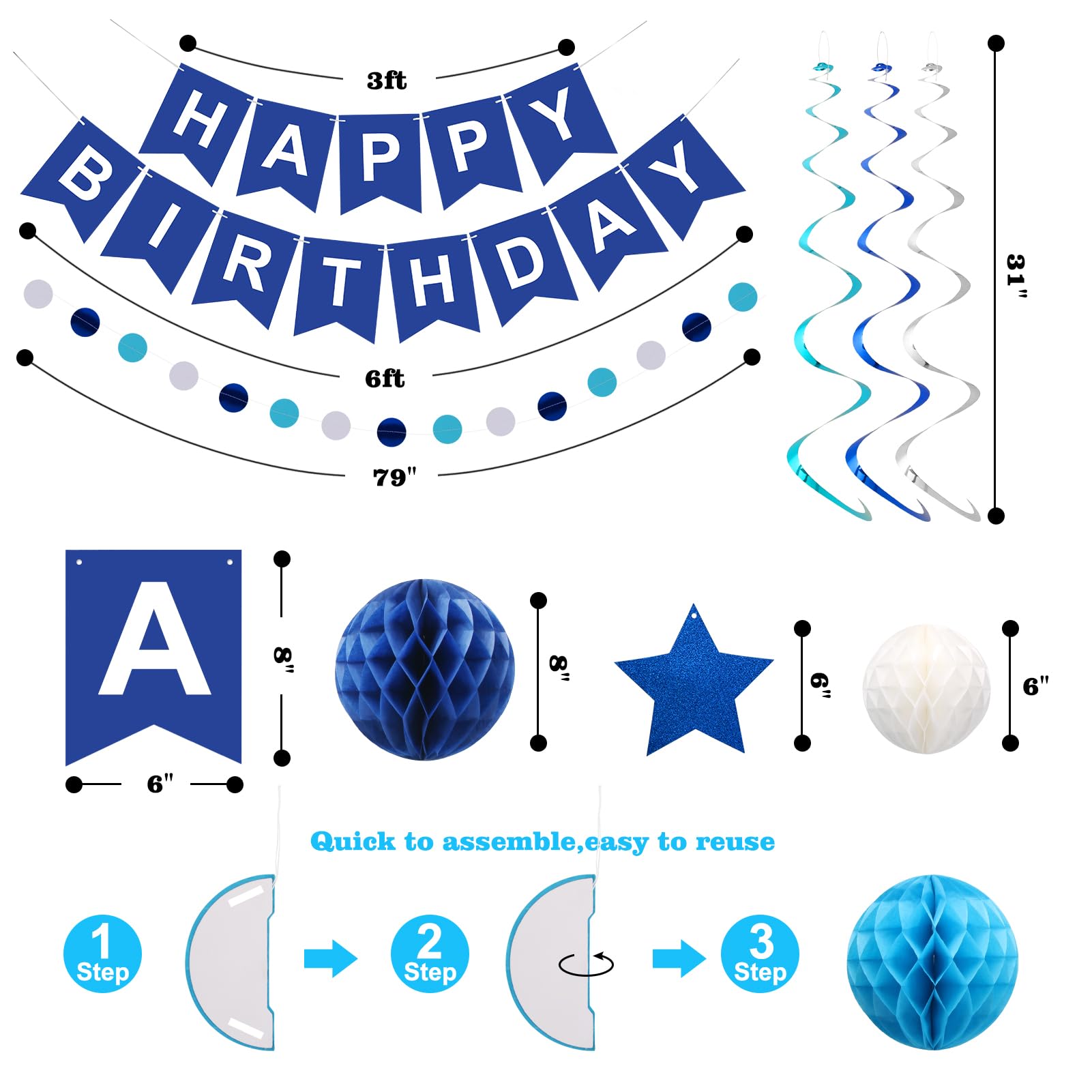 meowtastic Birthday Decorations, Happy Birthday Banner with Honeycomb Balls, Stars Hanging Swirl Streamers, Circle Dots Garland, Happy Birthday Party Decorations for Women Men Boys Girls (Blue)