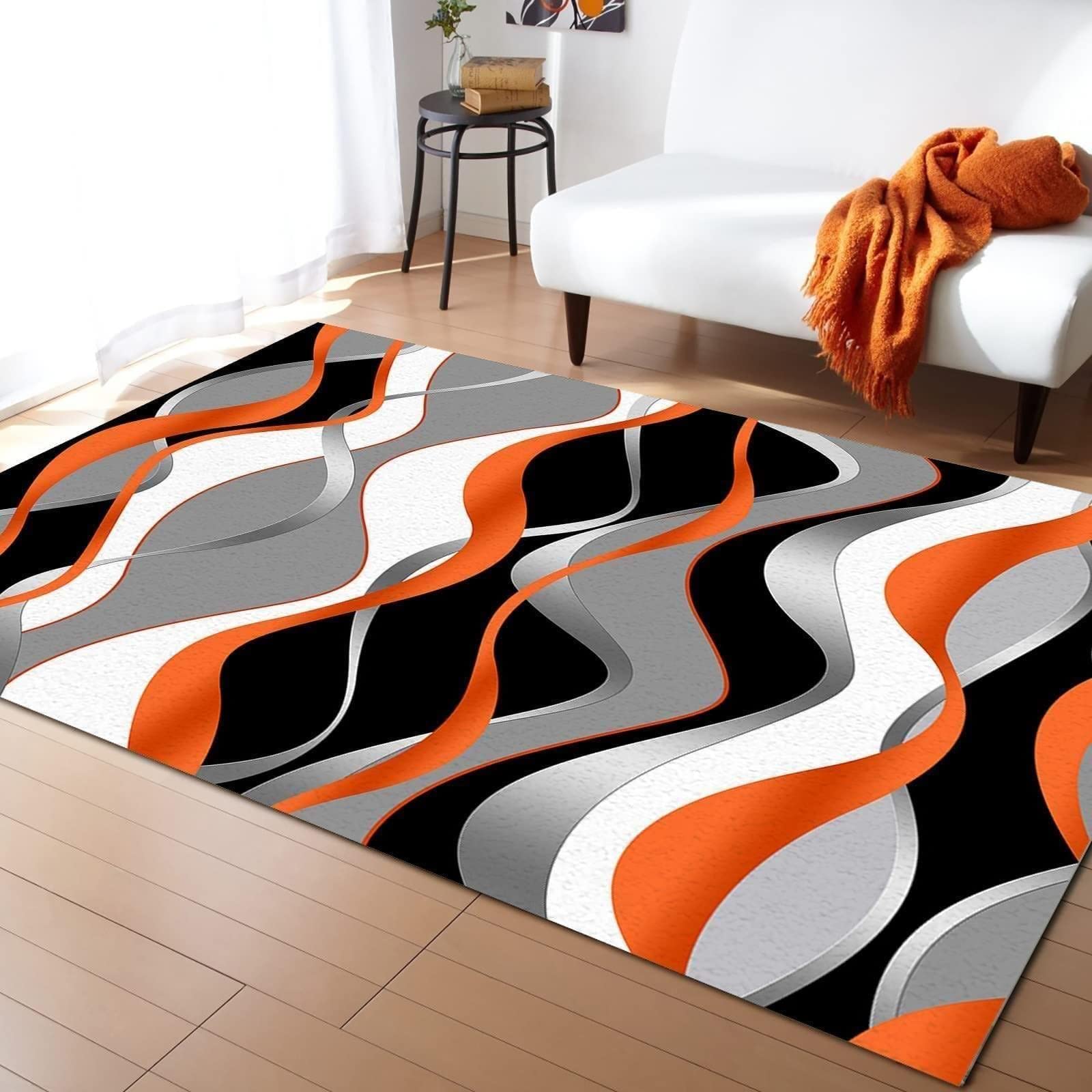 ALNILA Modern Fashion Wavy Area Rug, Abstract Black White Orange Gray Printed Large Rug, Soft Durable Washable Floor Rug, for Living Room Office Study Bedroom Entrance 4x6ft