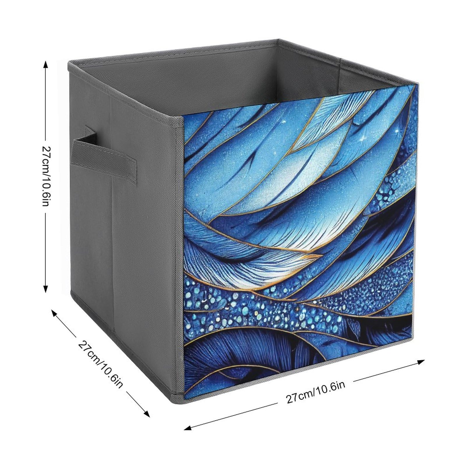 MEIKKO Blue Feathers Glitter Storage Cubes,Fabric Collapsible Storage Bins with Dual Handles, Foldable Cube Baskets for Shelf,Closet Organizers And Storage Box