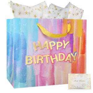 amrose 13'' large birthday gift bags with card and tissue paper, recyclable paper gift bag for birthdays and more, macaron