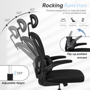 JUMMICO Ergonomic Office Chair, High Back Desk Chair with Adjustable Headrest and Flip-Up Arms, Mesh Computer Chair with Lumbar Support, Gaming Chair, Swivel Task Chair for Home Office, Black