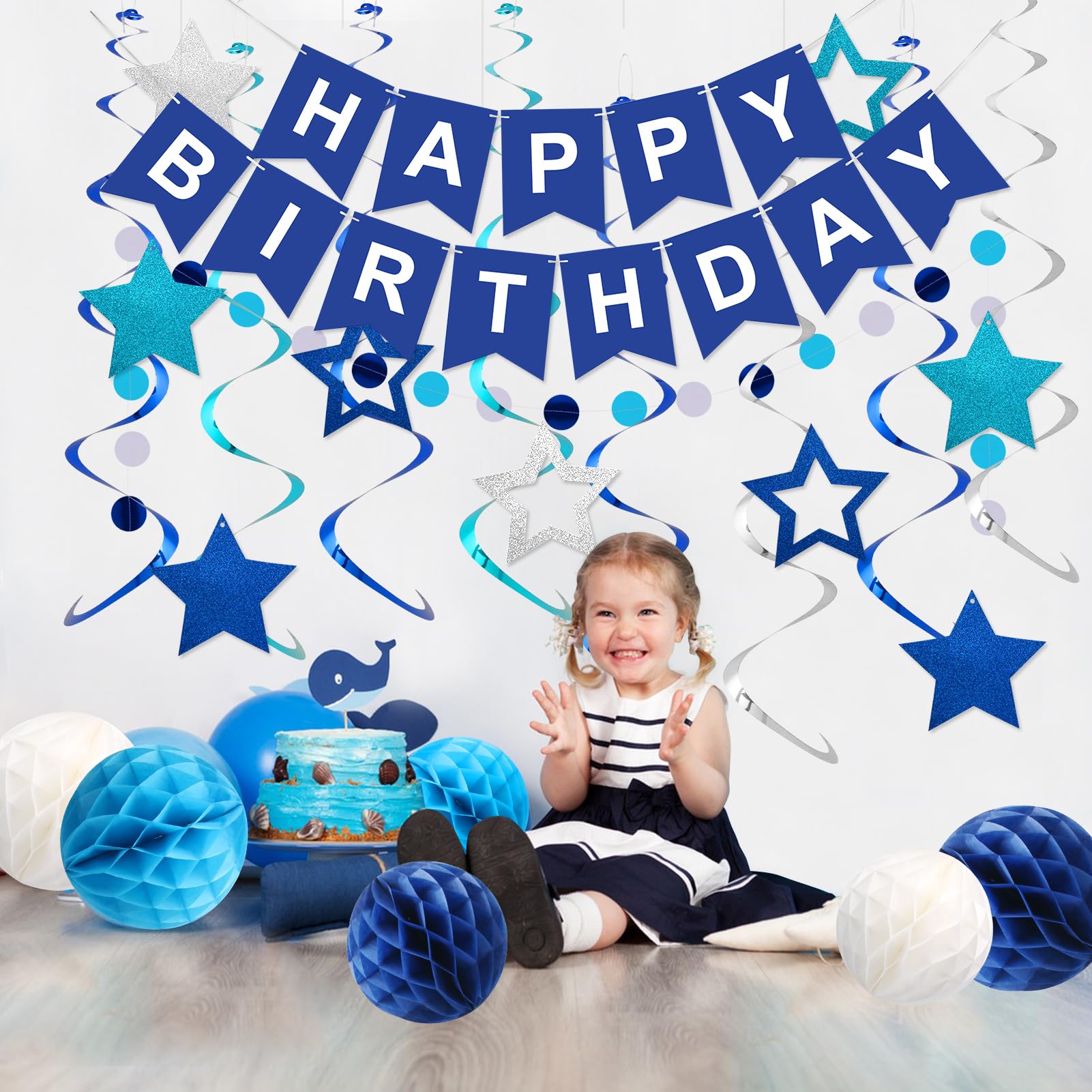 meowtastic Birthday Decorations, Happy Birthday Banner with Honeycomb Balls, Stars Hanging Swirl Streamers, Circle Dots Garland, Happy Birthday Party Decorations for Women Men Boys Girls (Blue)