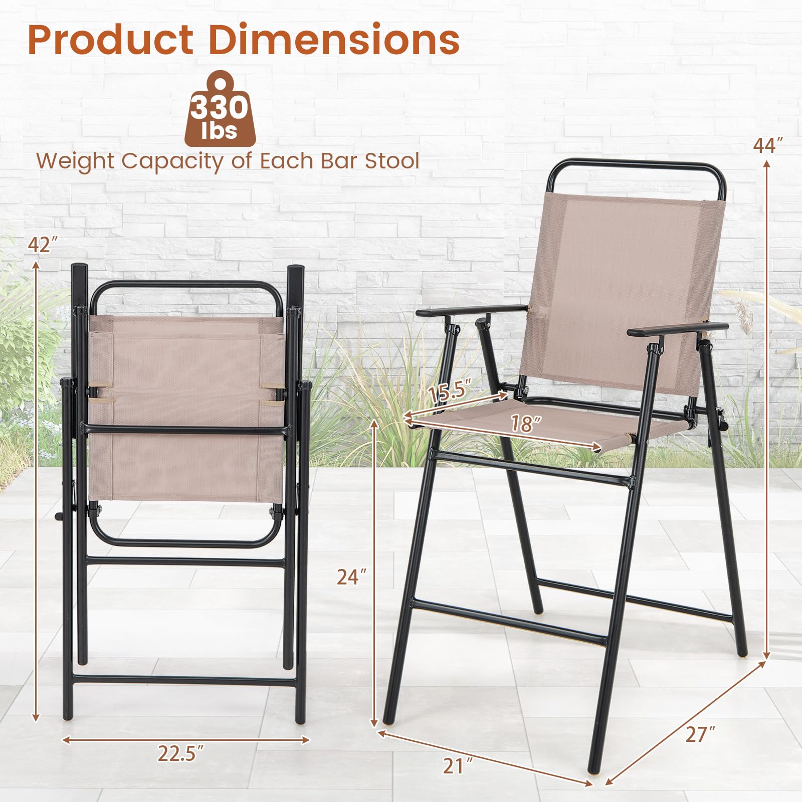 Tangkula Outdoor Folding Bar Stool Set of 2, Patio Dining Chairs w/Breathable Fabric & Metal Frame, Outdoor Bar-Height Stools w/Armrests, Portable Bar Chairs for Backyard Poolside Balcony (1)