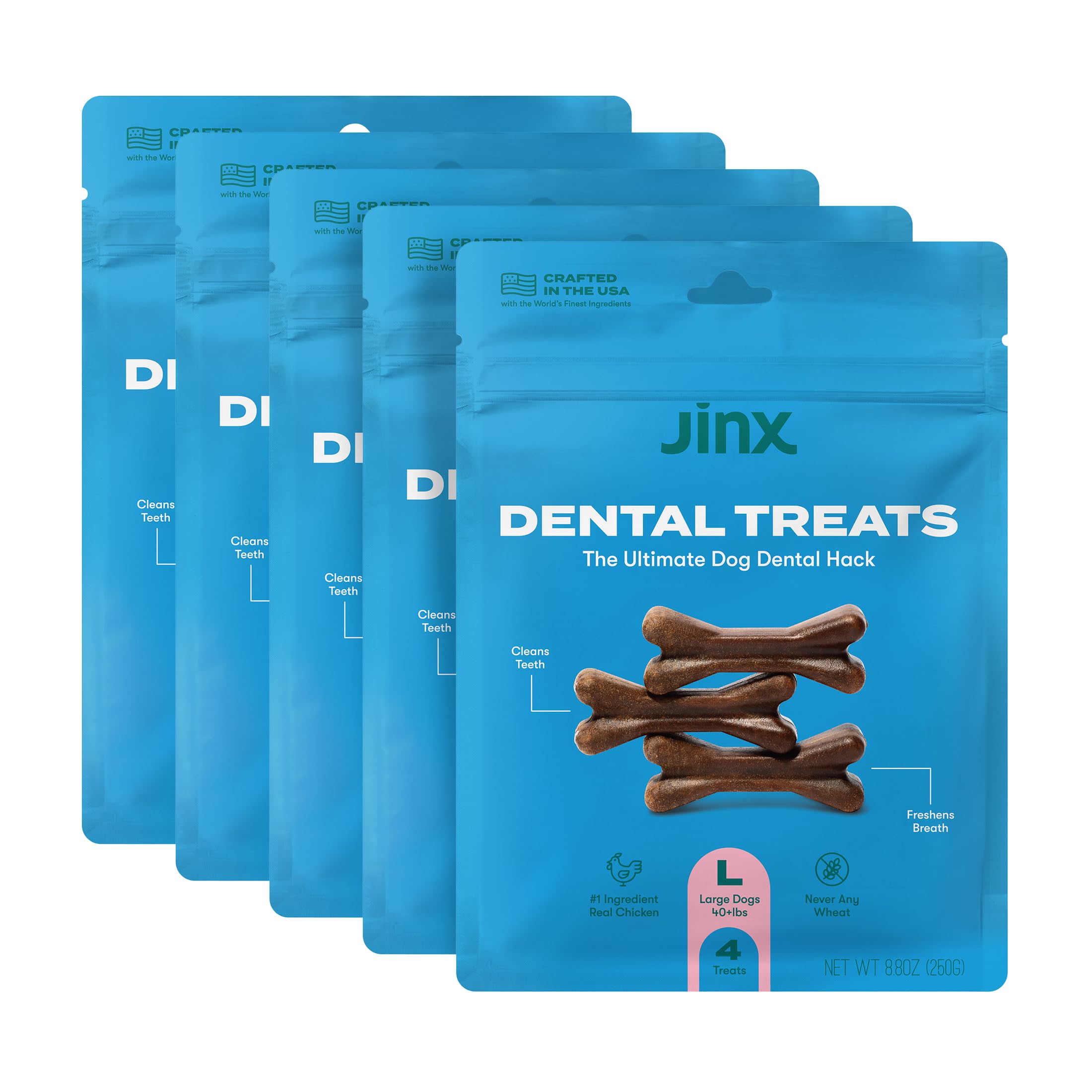 Jinx Dental Chews for Large Dogs, All Natural, Deep-grooved for Teeth Cleaning & Tartar Control, Pepeprmint Oil for Fresh Breath, 8.8oz, 5 Pack