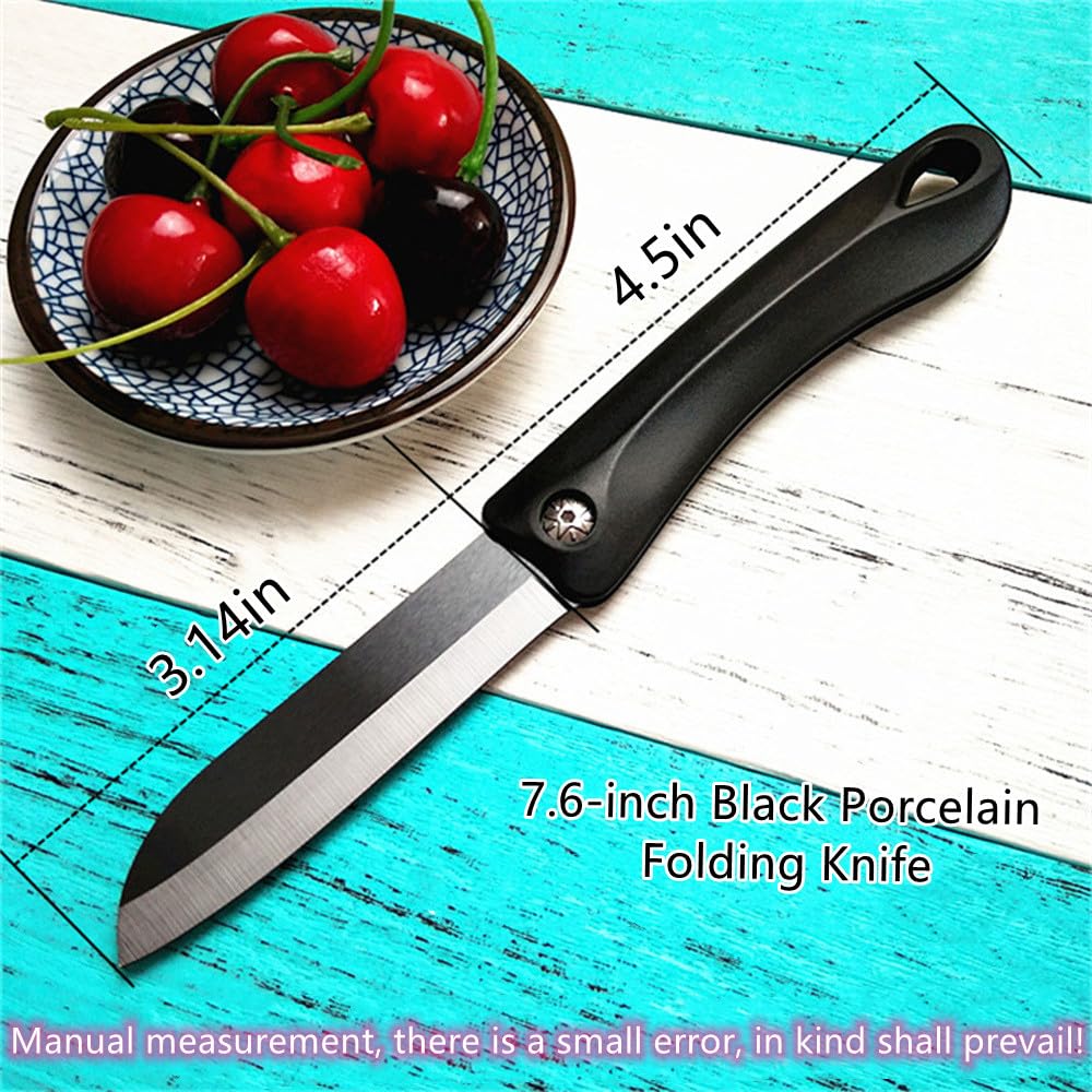 10MOONS Ceramic Folding Knife 7.6-inch Black Pocket Knife Razor-Sharp Paring Kitchen Knife with Ergonomic Handle