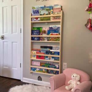 Handmade Solidwood Wall Mounted Montessori Kids Bookshelf, 4 Tier Book Display for Children Bedroom, Nursery Furniture Bookcase, Solid Wood Pine Tree Book Organiser for Living Room (Natural)