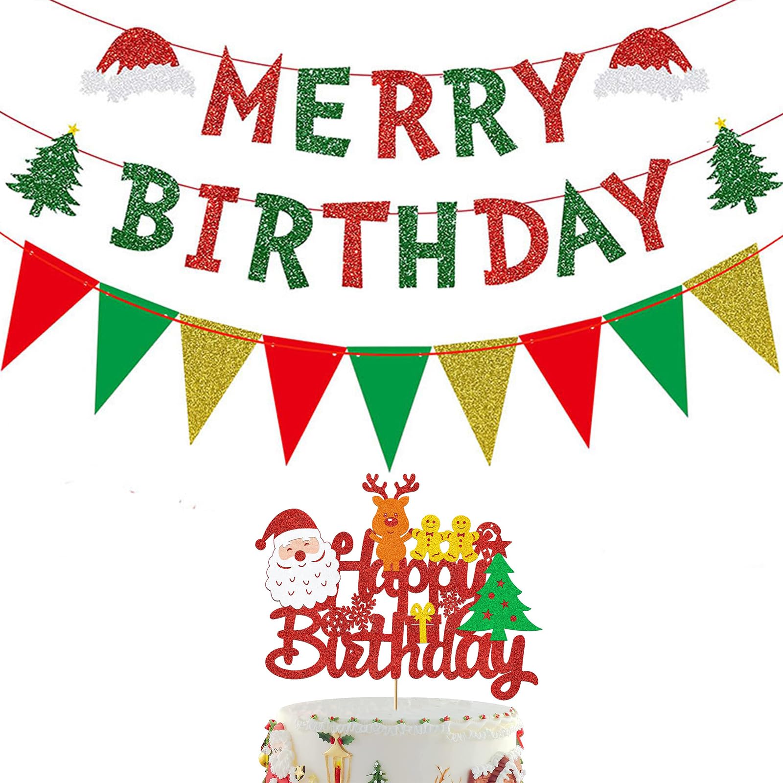 Christmas Birthday banner Merry Birthday Christmas Banner Decorations Red Green Glitter Christmas Xmas Tree Decorations Birthday Cake Toppers Decoration Baby Shower Vacation Holiday Party Decorations