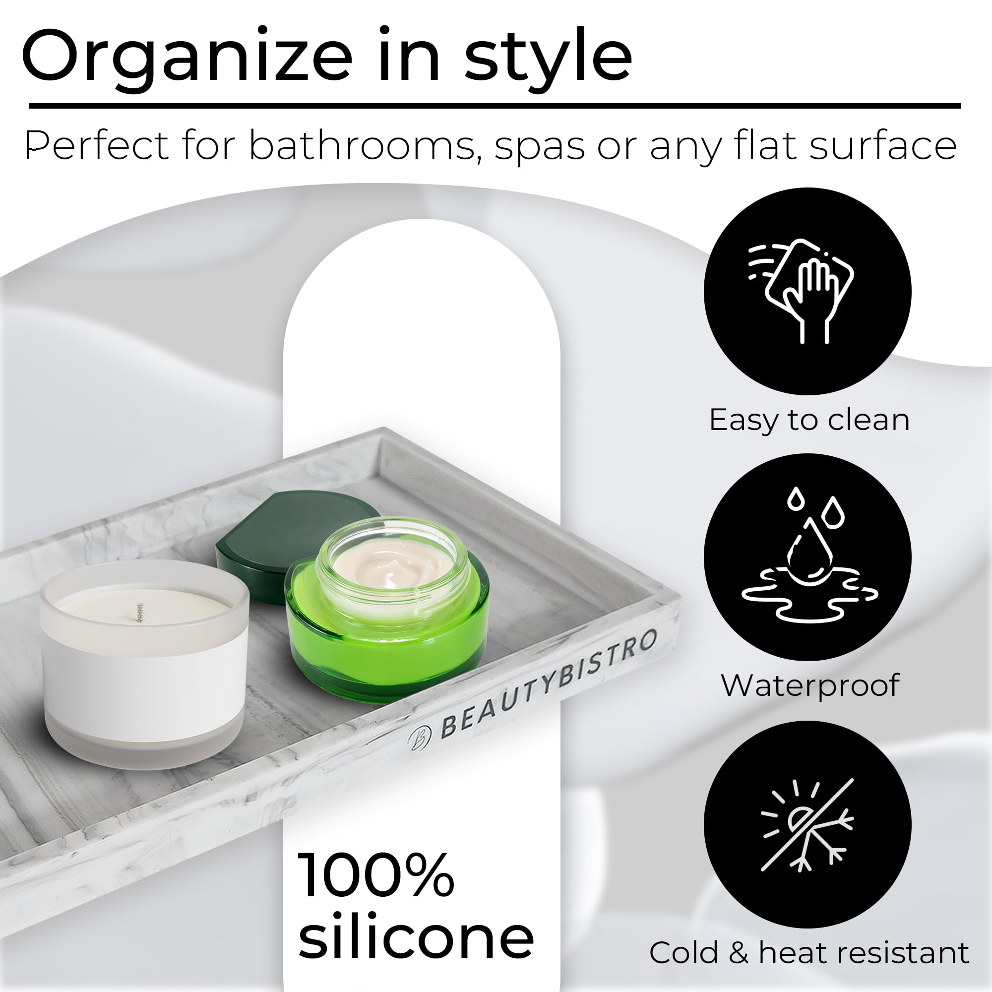 BeautyBistro Bathroom Counter Tray - 11.8" Marble Flexible Silicone Vanity Organizer for Countertop, Kitchen and Toilet Soap Drip Trays for Keys, Bedroom Dresser Catchall Holder, Perfume Decor