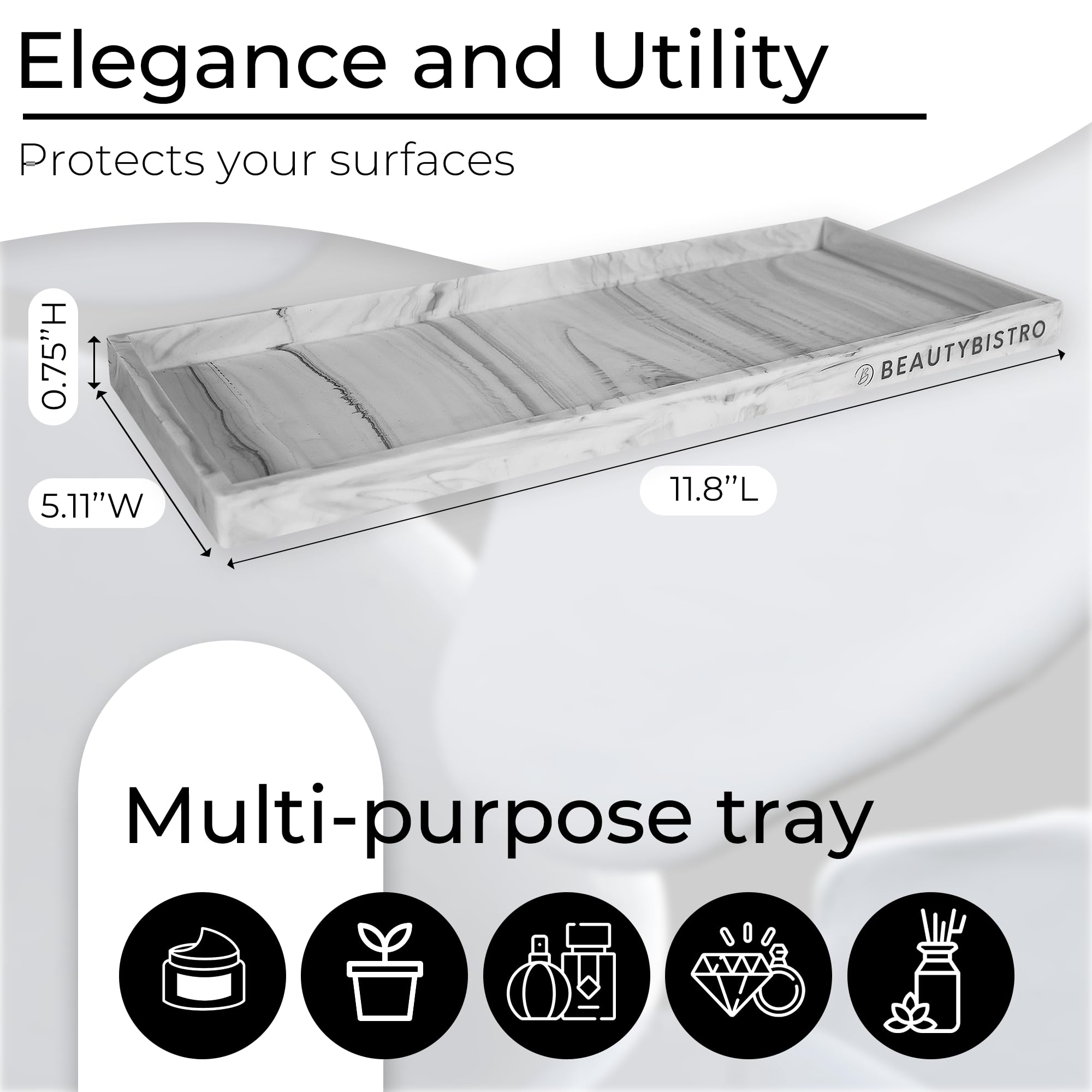 BeautyBistro Bathroom Counter Tray - 11.8" Marble Flexible Silicone Vanity Organizer for Countertop, Kitchen and Toilet Soap Drip Trays for Keys, Bedroom Dresser Catchall Holder, Perfume Decor